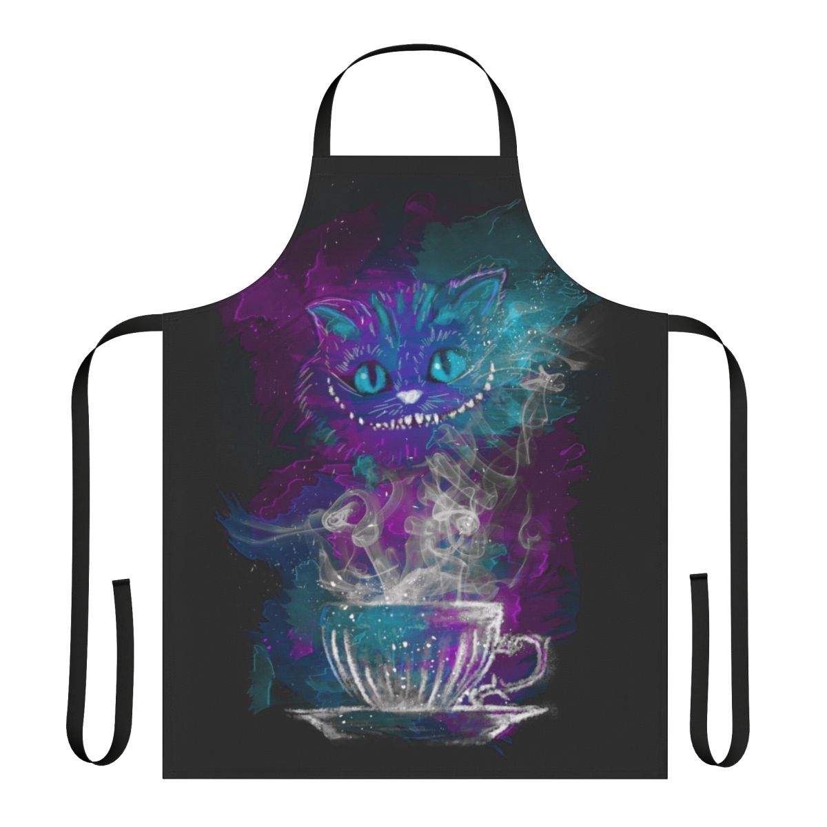 Cheshire Cat-themed apron with a galaxy print design and a whimsical smile