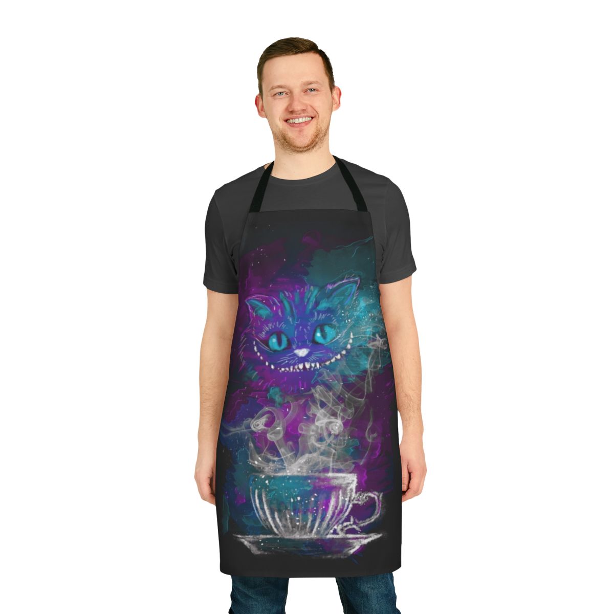 Cheshire Cat-themed apron with a galaxy print design and a whimsical smile
