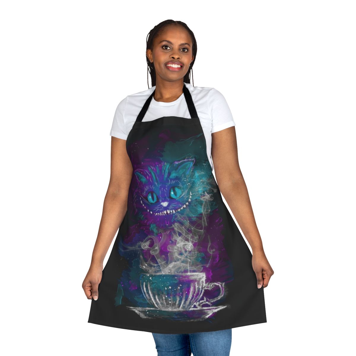 Cheshire Cat-themed apron with a galaxy print design and a whimsical smile