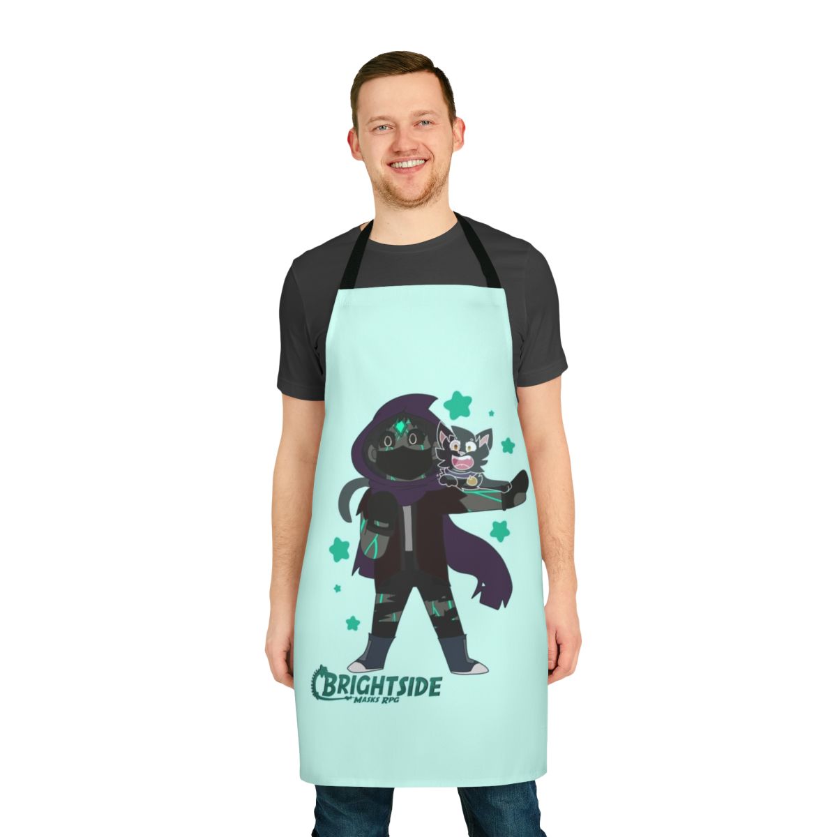 Chibi character apron featuring Brightside-inspired design