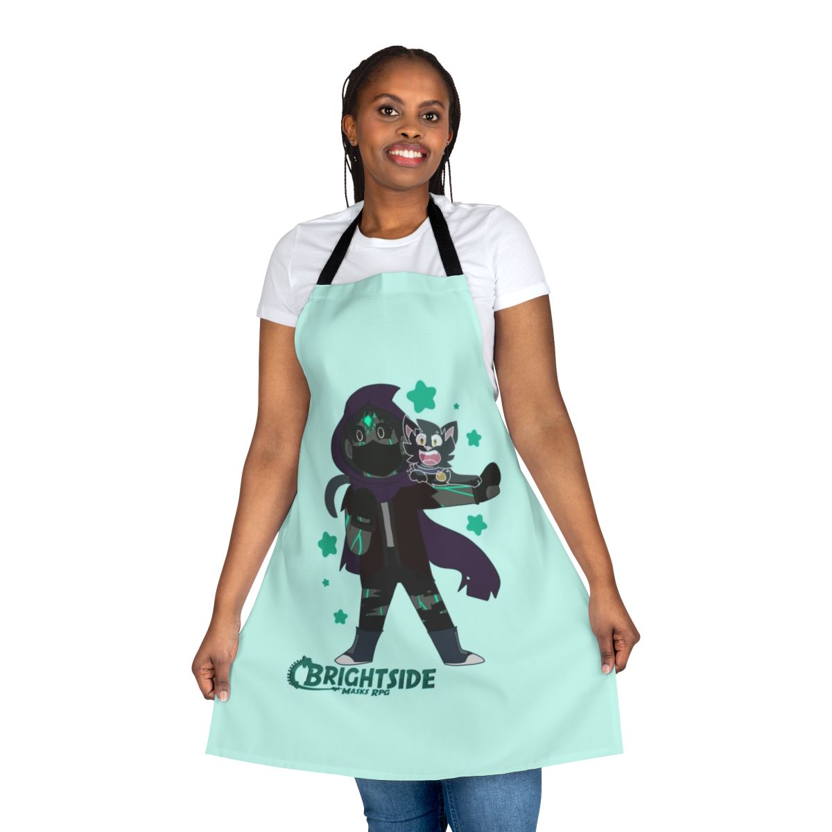 Chibi character apron featuring Brightside-inspired design