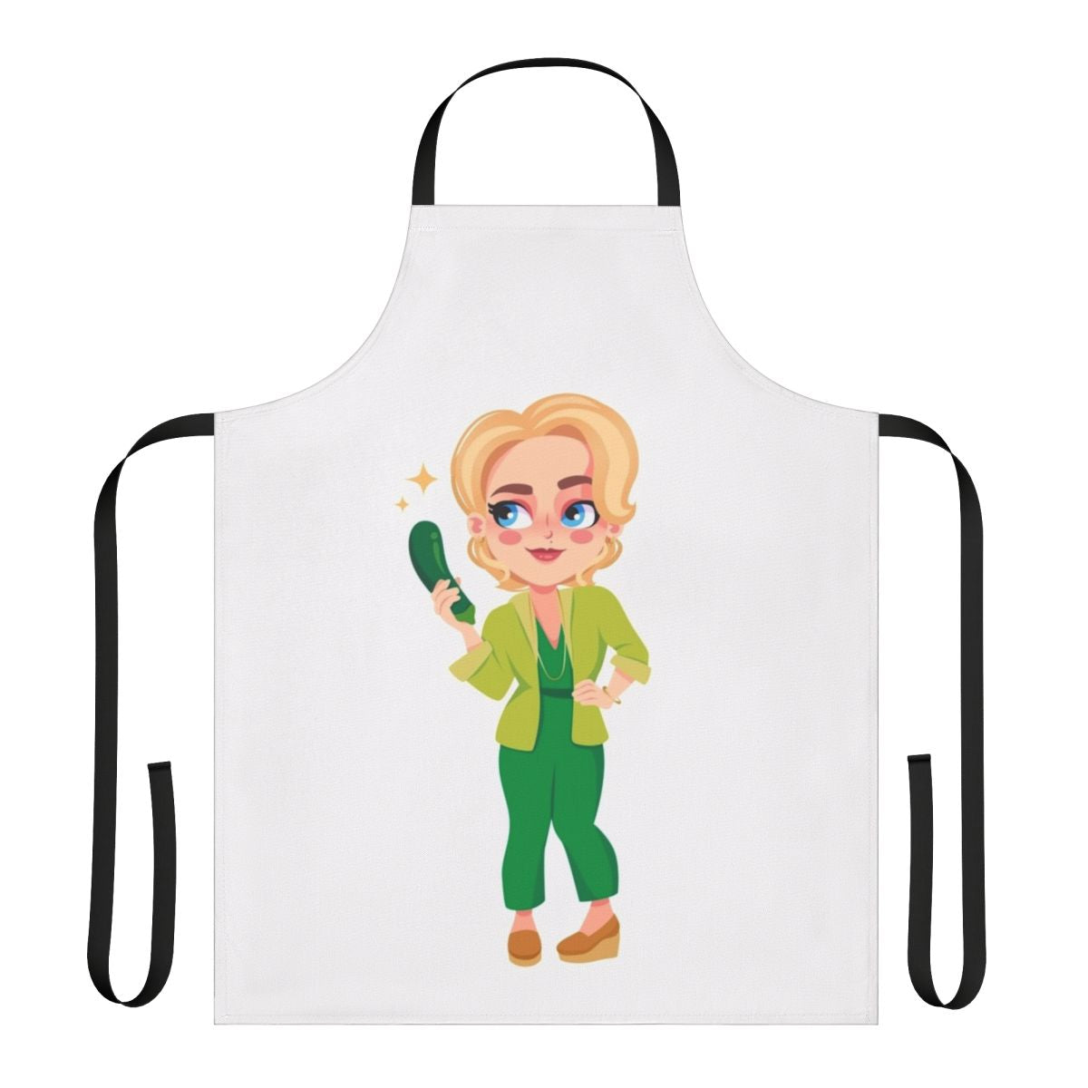 Chibi illustration of Jean Milburn, the "Courgette Lady" from the Netflix series Sex Education, printed on a high-quality cooking apron.