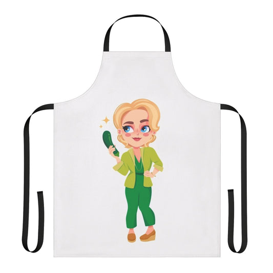 Chibi illustration of Jean Milburn, the "Courgette Lady" from the Netflix series Sex Education, printed on a high-quality cooking apron.