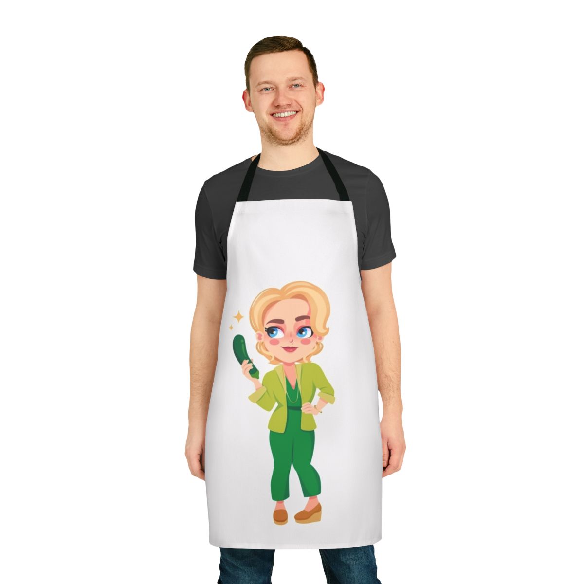 Chibi illustration of Jean Milburn, the "Courgette Lady" from the Netflix series Sex Education, printed on a high-quality cooking apron.