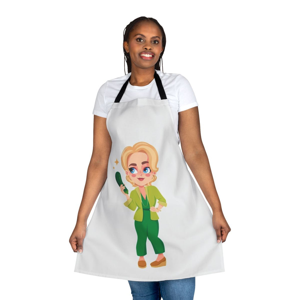 Chibi illustration of Jean Milburn, the "Courgette Lady" from the Netflix series Sex Education, printed on a high-quality cooking apron.