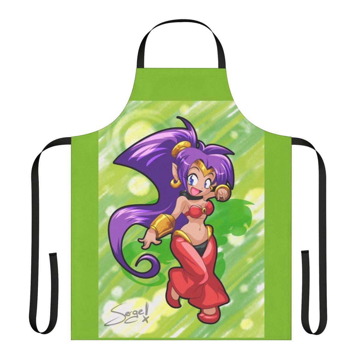Cute chibi-style illustration of Shantae the half genie hero on a kitchen apron