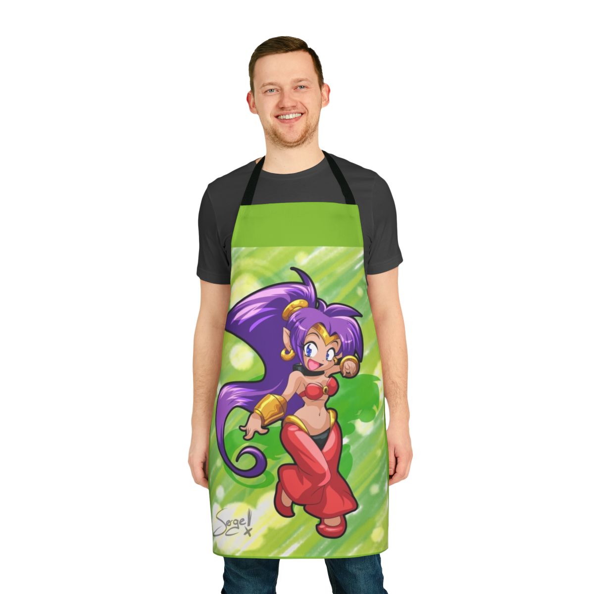 Cute chibi-style illustration of Shantae the half genie hero on a kitchen apron