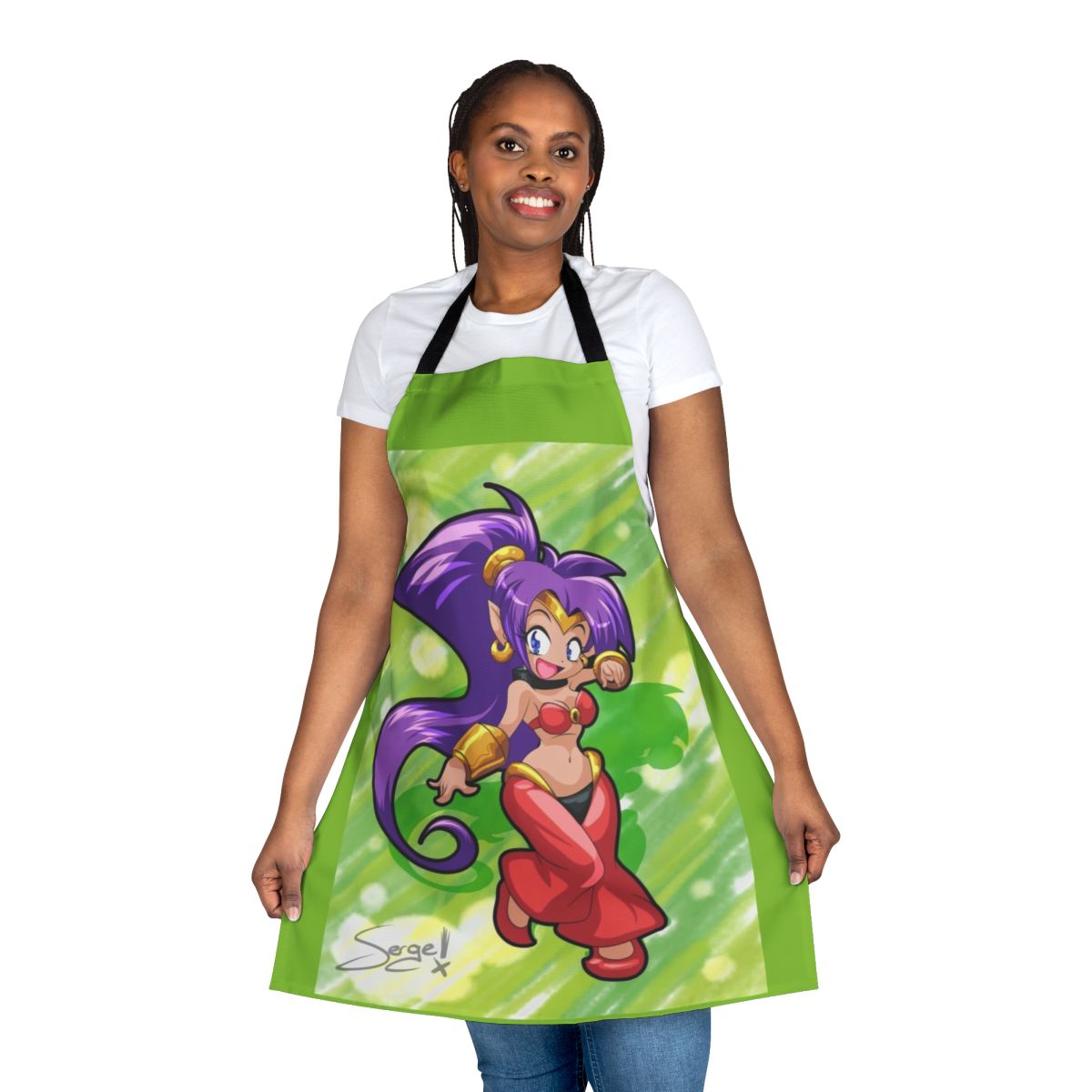Cute chibi-style illustration of Shantae the half genie hero on a kitchen apron