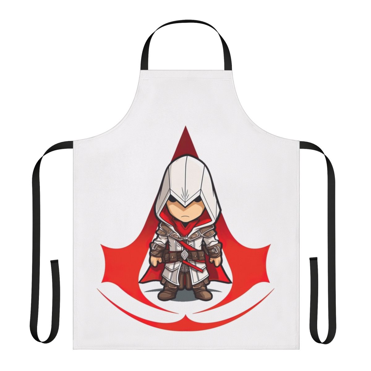 Chibi-style Assassin's Creed themed apron with the franchise's iconic logo