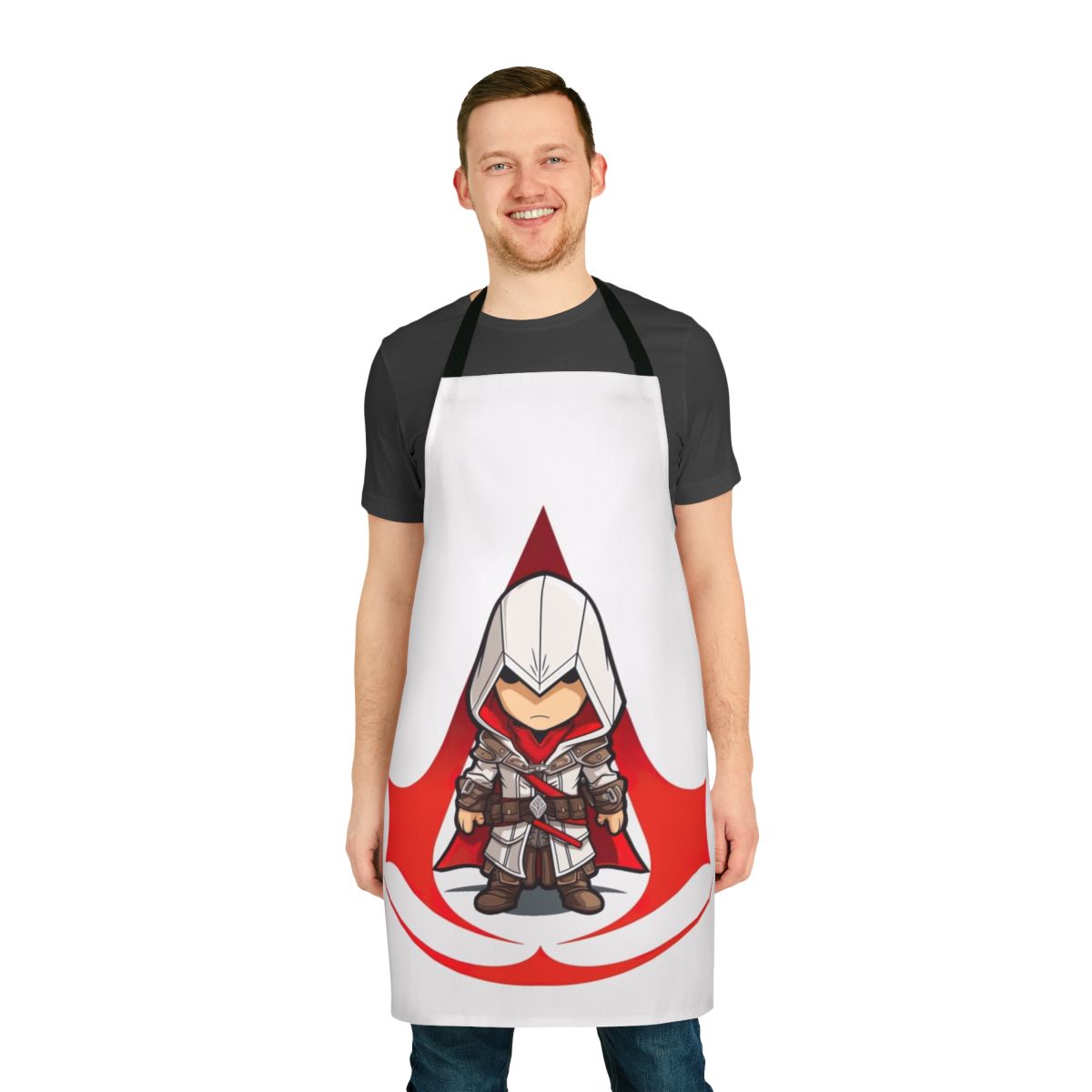 Chibi-style Assassin's Creed themed apron with the franchise's iconic logo
