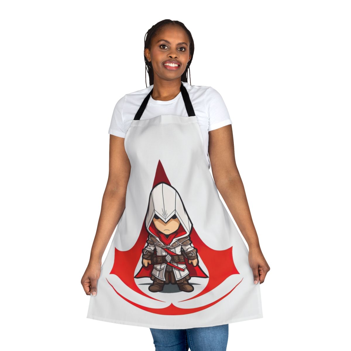 Chibi-style Assassin's Creed themed apron with the franchise's iconic logo