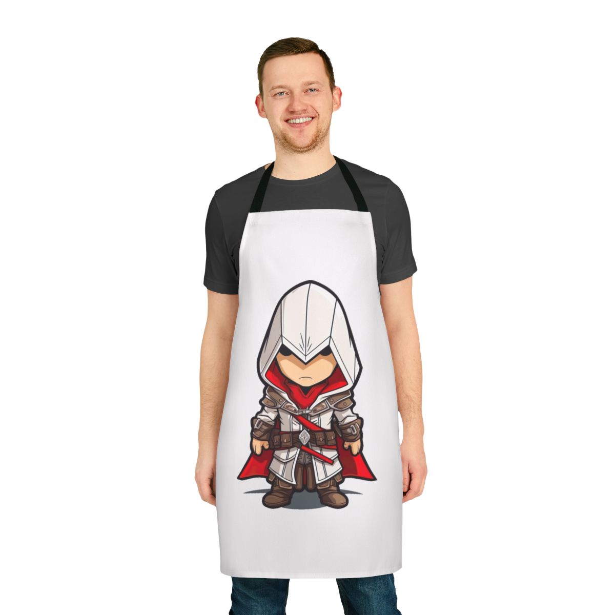 Assassin's Creed-inspired chibi-style apron with character graphics