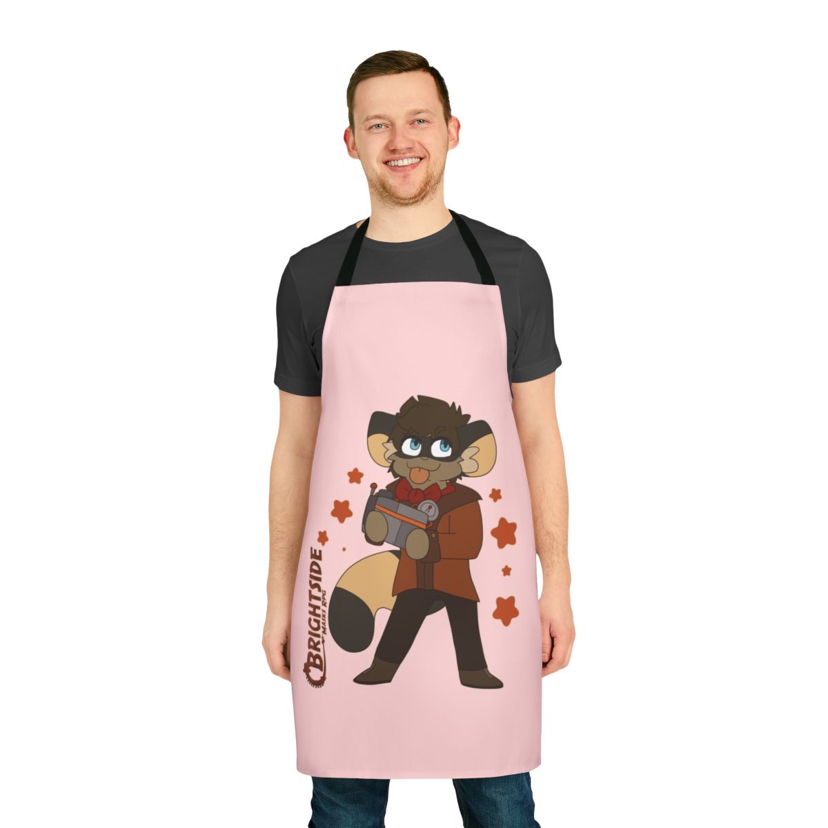 Cartoon-styled apron featuring superhero and villain designs, ideal for tabletop roleplaying games and cosplay.