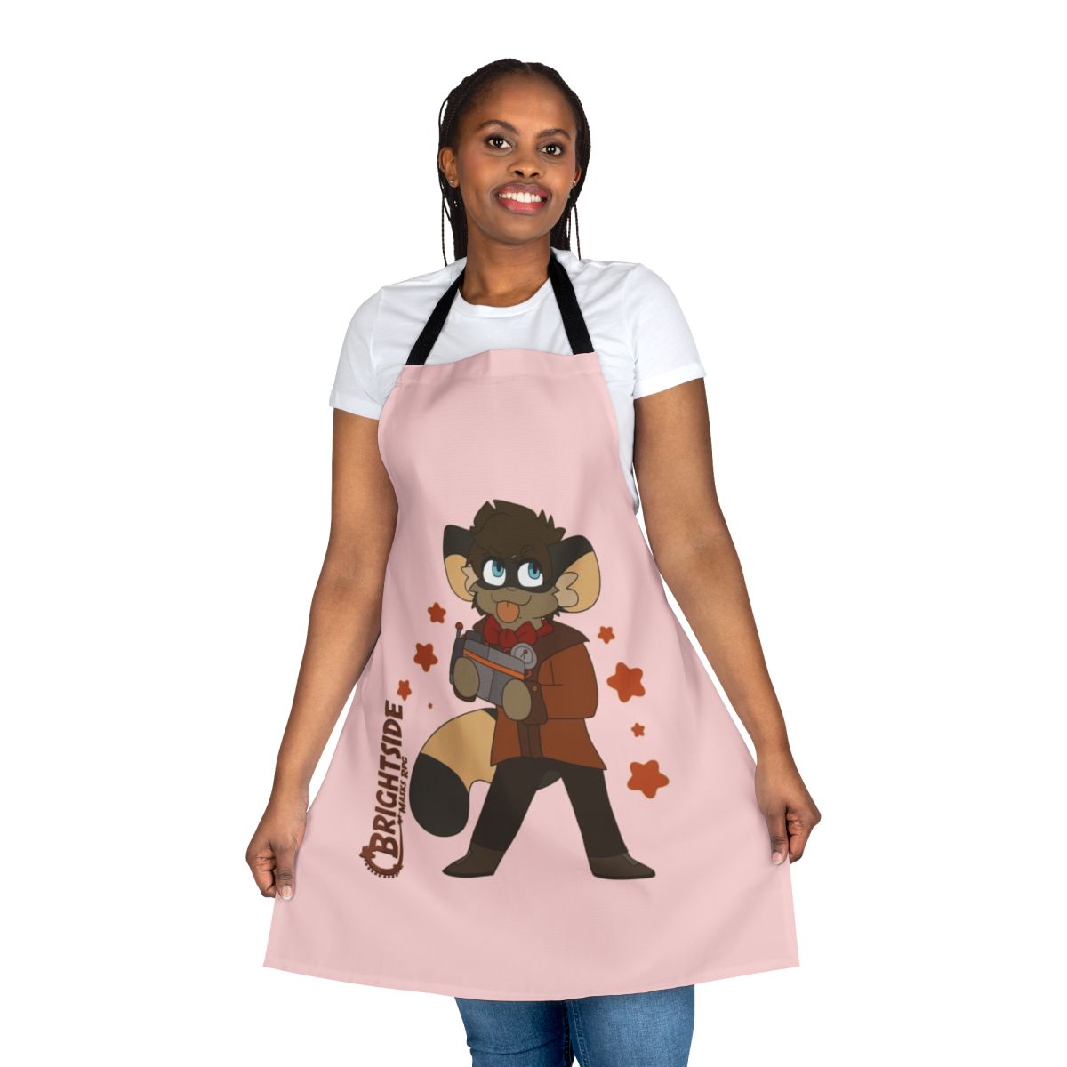 Cartoon-styled apron featuring superhero and villain designs, ideal for tabletop roleplaying games and cosplay.