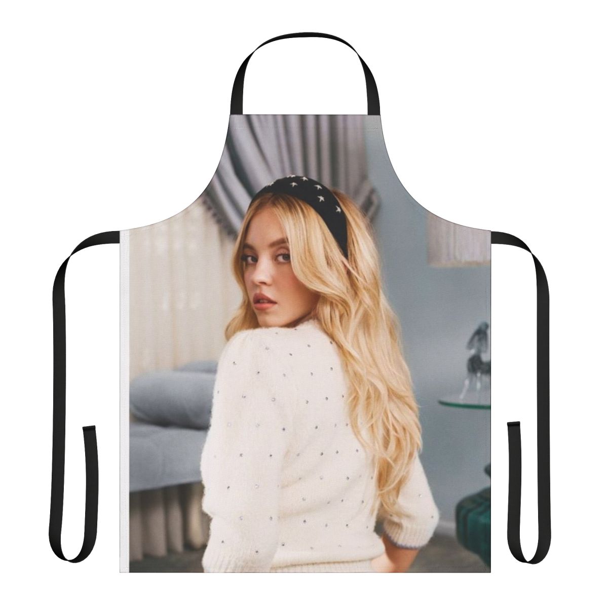 Stylish retro-inspired apron featuring a design inspired by actress Sydney Sweeney