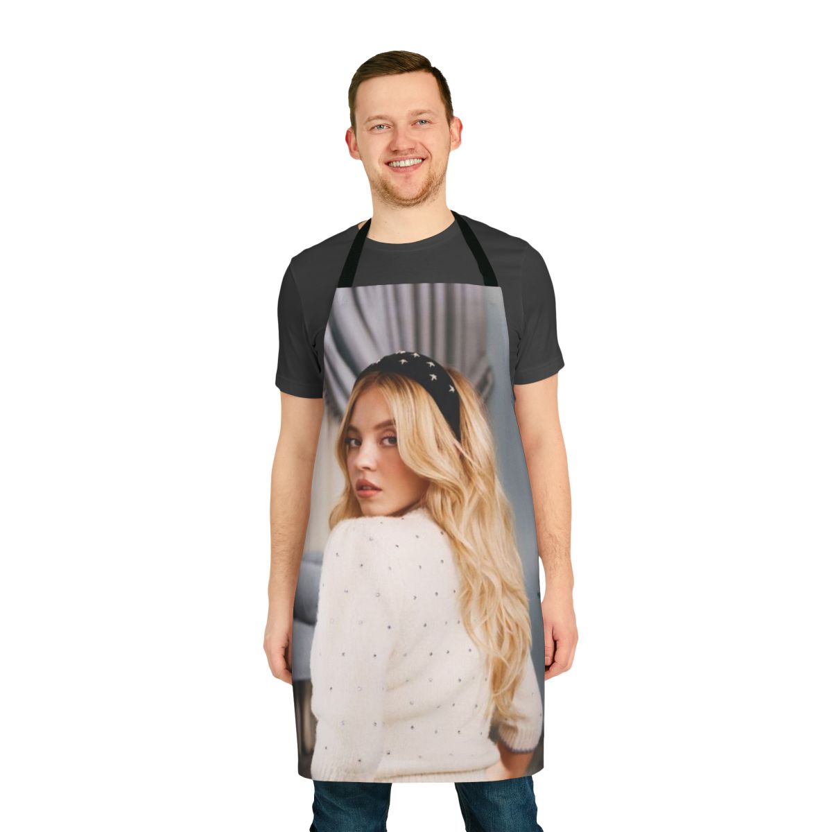 Stylish retro-inspired apron featuring a design inspired by actress Sydney Sweeney
