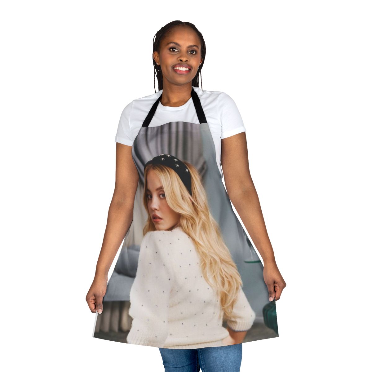 Stylish retro-inspired apron featuring a design inspired by actress Sydney Sweeney