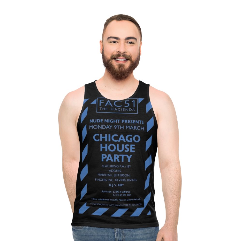 Unisex tank top featuring the iconic Hacienda club from the Chicago house music scene in 1987