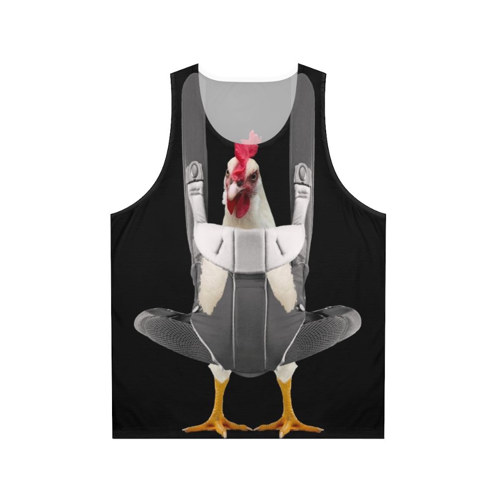 Chicken in a baby carrier printed on a white unisex tank top