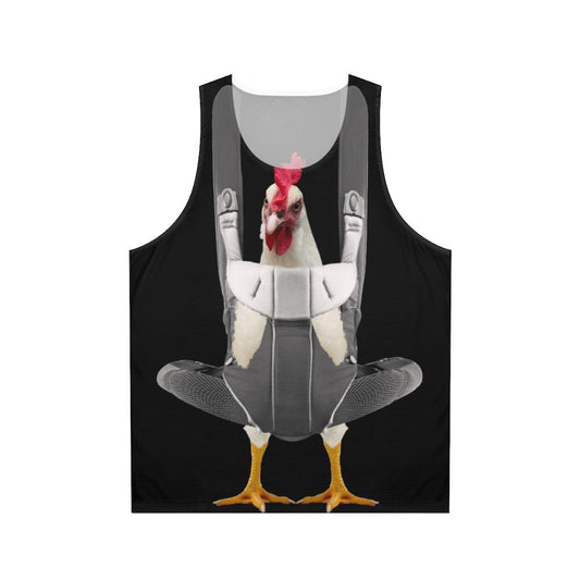 Chicken in a baby carrier printed on a white unisex tank top