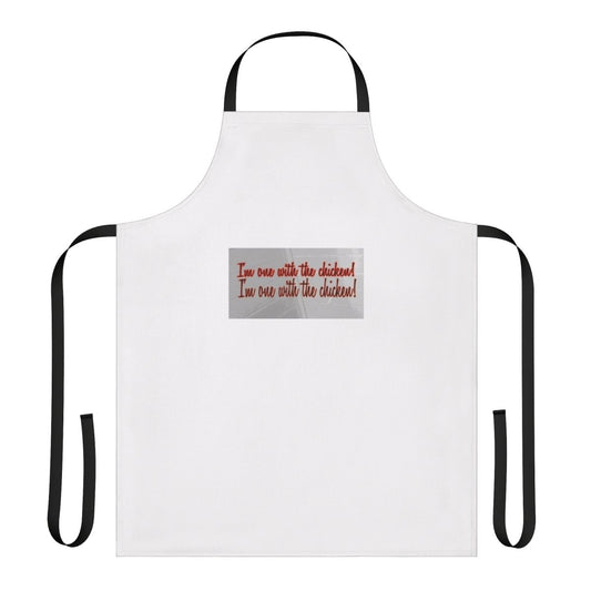Chicken-themed apron featuring a humorous "one with the chicken" design, inspired by the iconic Chris Farley movie character.