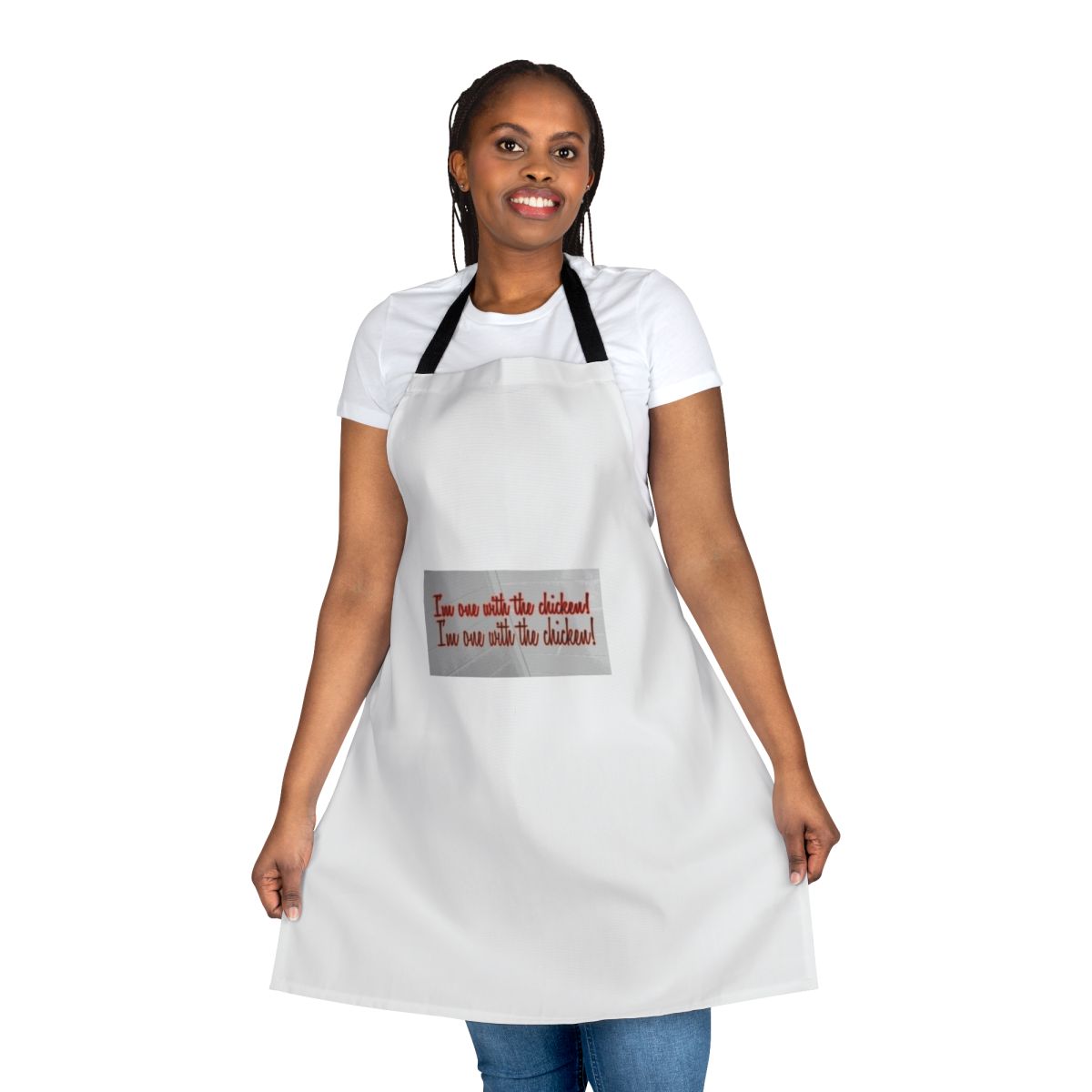 Chicken-themed apron featuring a humorous "one with the chicken" design, inspired by the iconic Chris Farley movie character.