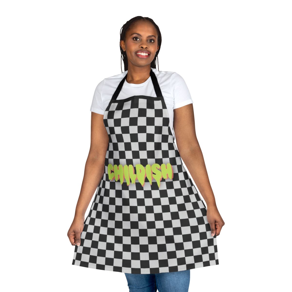 Childish black and white apron design featuring the TGFbro logo