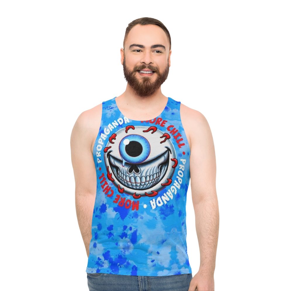 Chill Goranski unisex tank top with a crazy grinning eyeball design