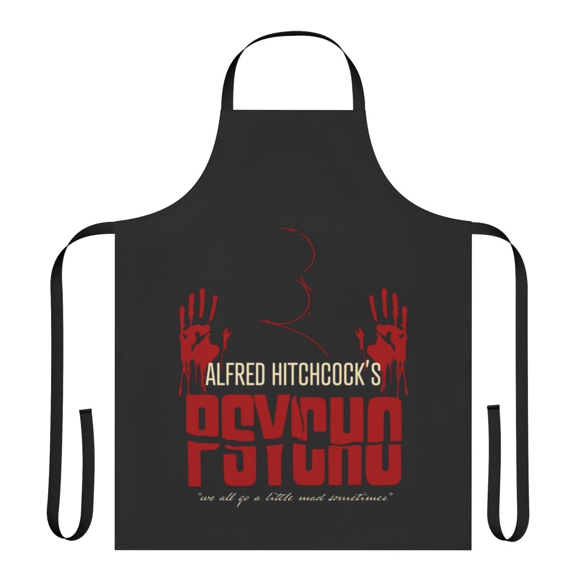 Alfred Hitchcock Psycho-inspired apron featuring a spooky portrait design
