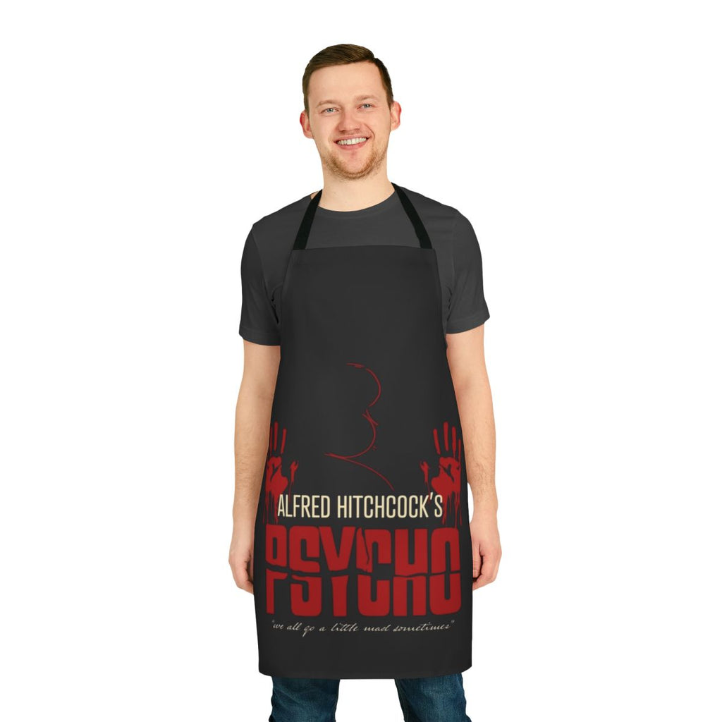 Alfred Hitchcock Psycho-inspired apron featuring a spooky portrait design