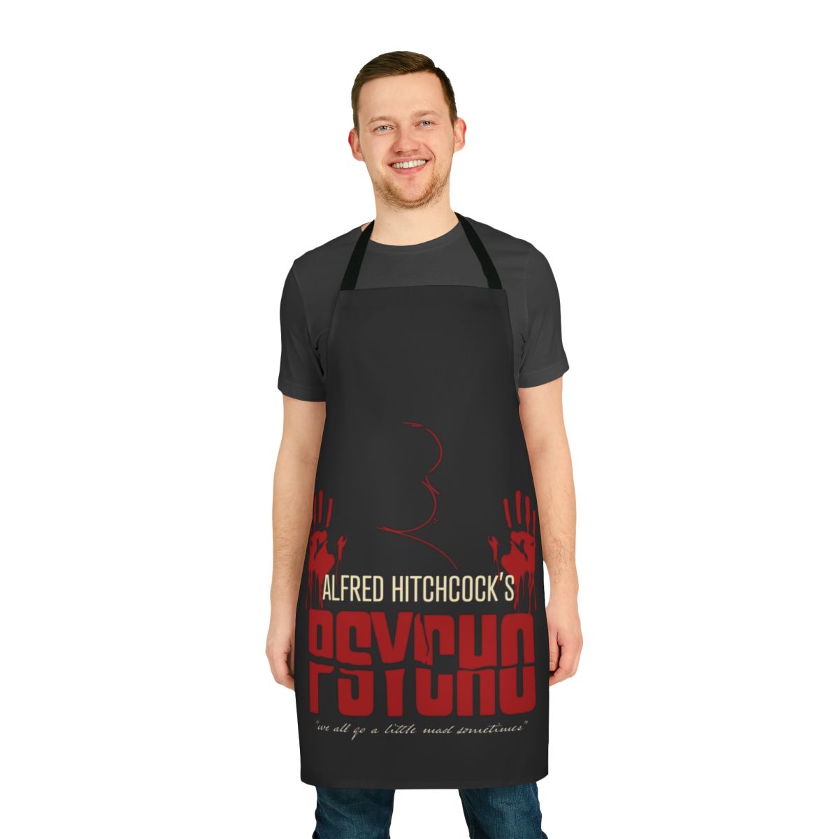 Alfred Hitchcock Psycho-inspired apron featuring a spooky portrait design