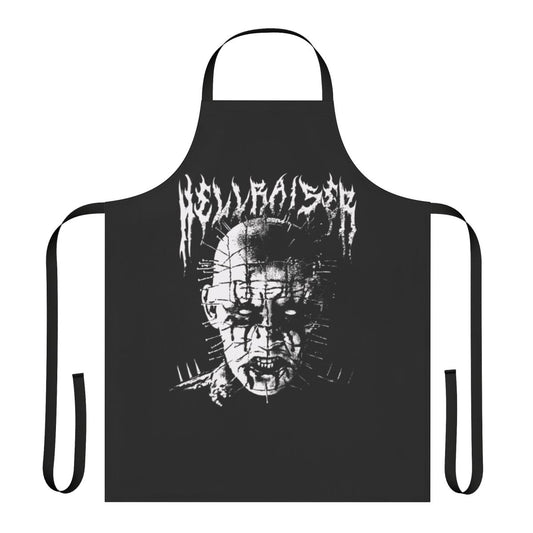 Black metal-themed apron featuring a Pinhead-inspired design