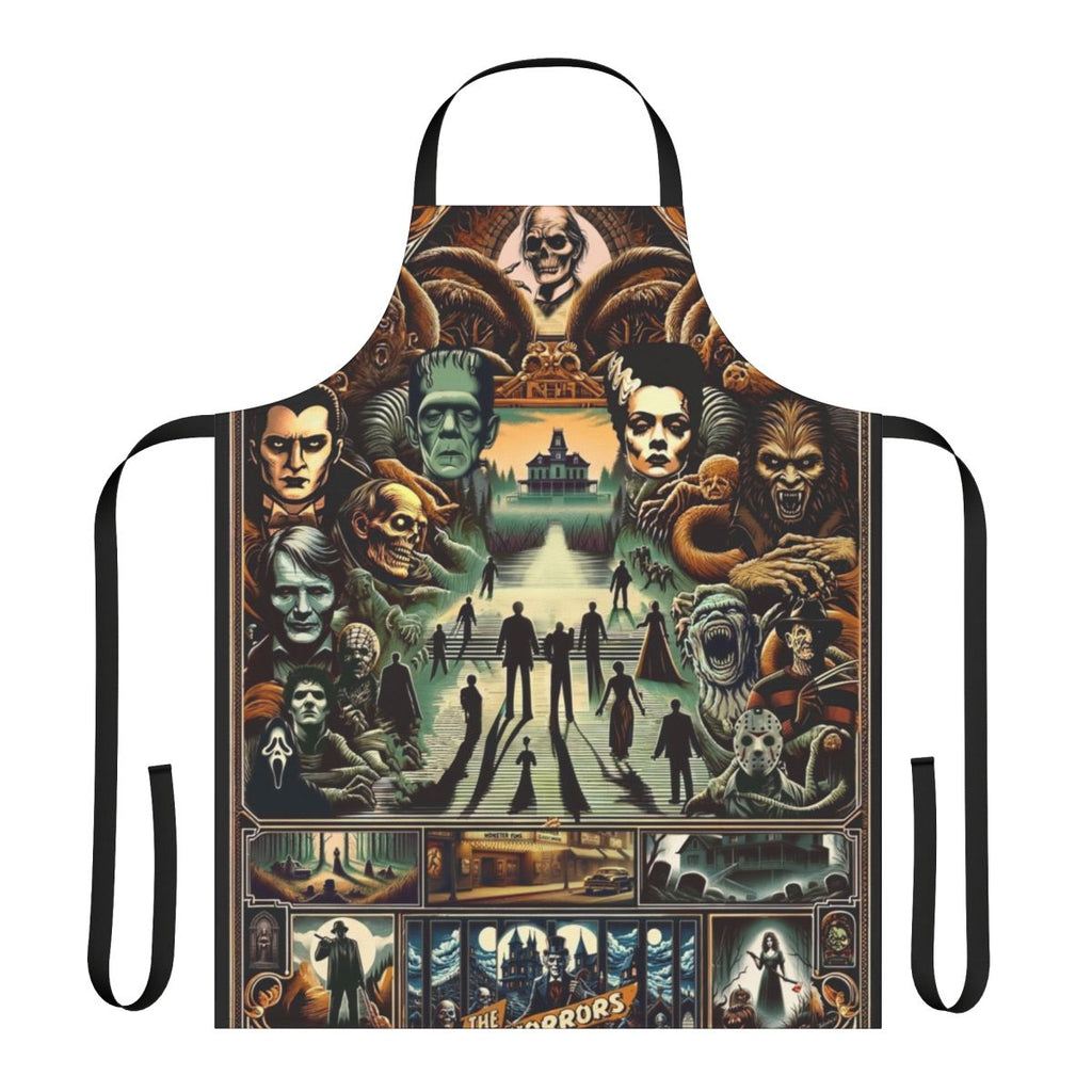 Midnight Macabre Apron featuring classic horror icons like Frankenstein, Dracula, and the Wolfman