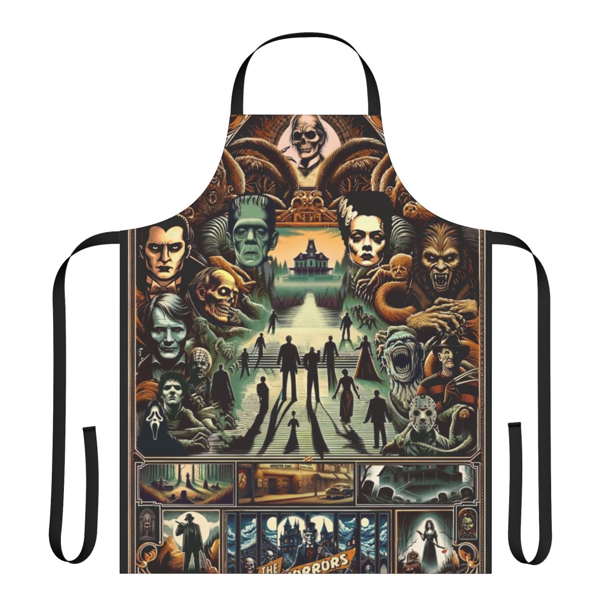 Midnight Macabre Apron featuring classic horror icons like Frankenstein, Dracula, and the Wolfman