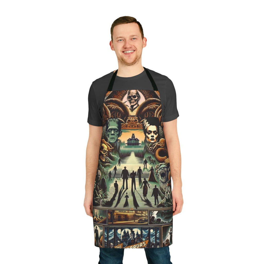 Midnight Macabre Apron featuring classic horror icons like Frankenstein, Dracula, and the Wolfman