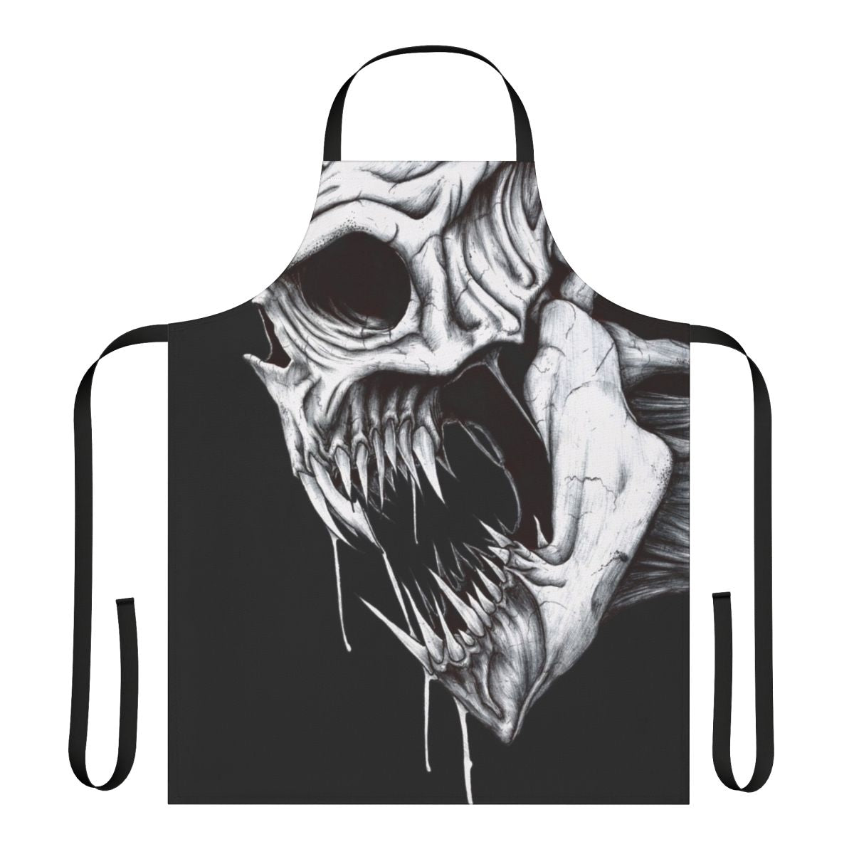 A black and white apron featuring a menacing grim reaper design, perfect for the spooky kitchen.