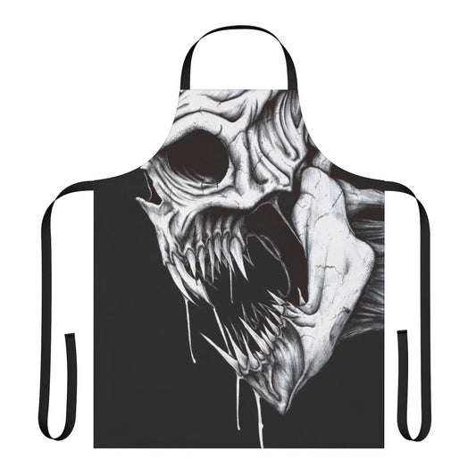 A black and white apron featuring a menacing grim reaper design, perfect for the spooky kitchen.