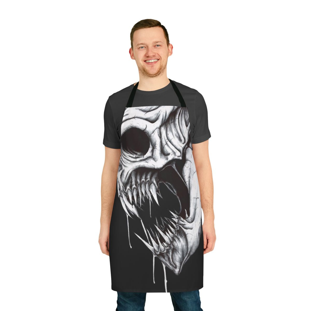 A black and white apron featuring a menacing grim reaper design, perfect for the spooky kitchen.