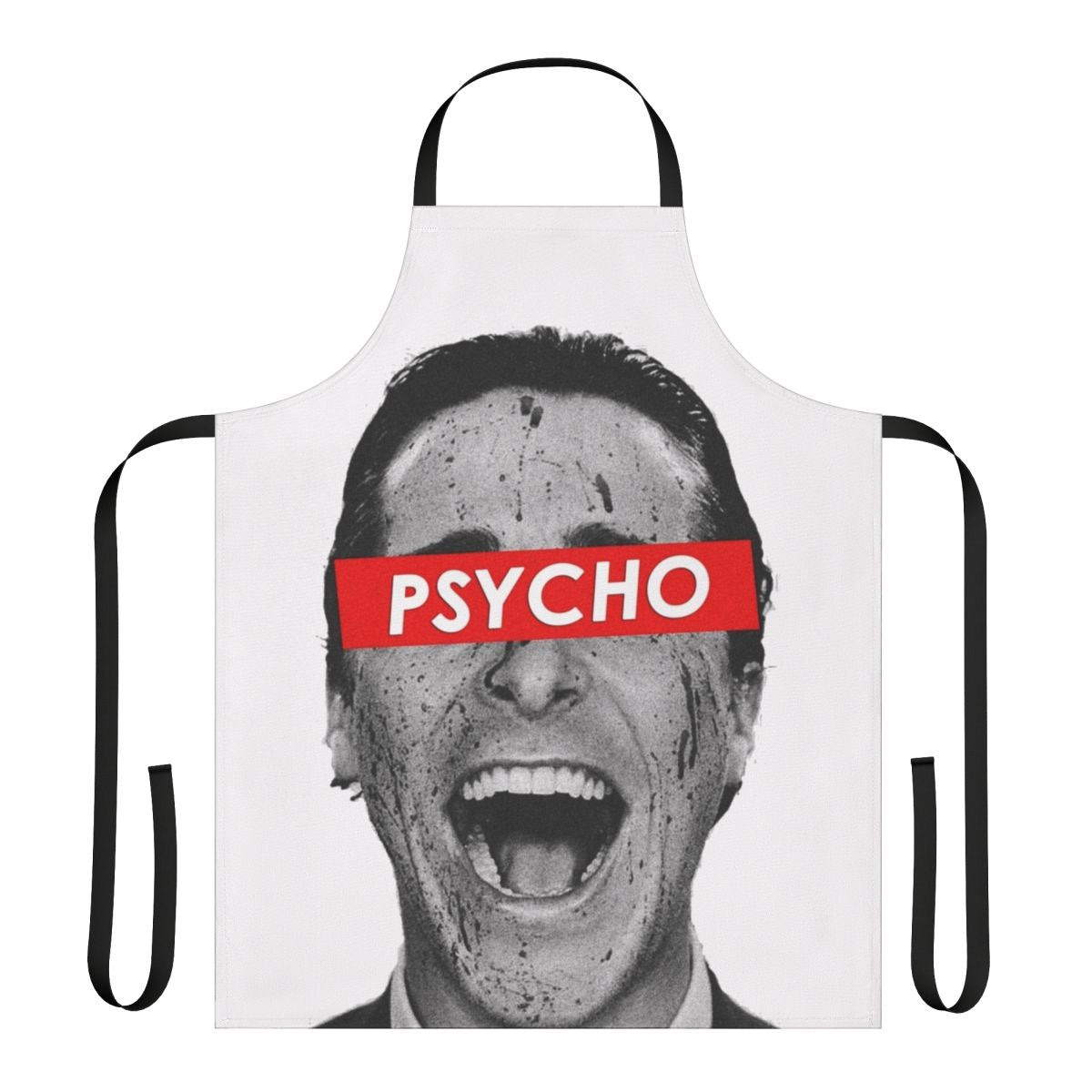 American Psycho-inspired horror movie fan cooking apron featuring Patrick Bateman