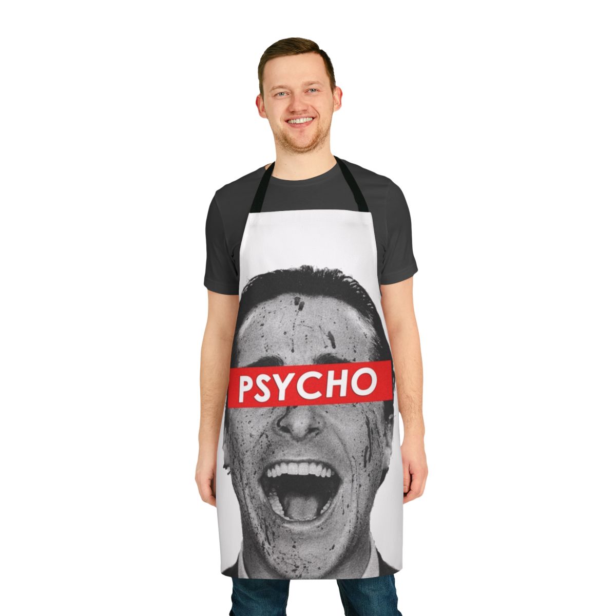 American Psycho-inspired horror movie fan cooking apron featuring Patrick Bateman