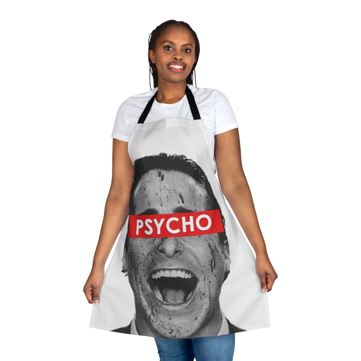 American Psycho-inspired horror movie fan cooking apron featuring Patrick Bateman