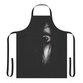 A black apron featuring a creepy sketch design inspired by the Japanese horror movie "The Grudge".