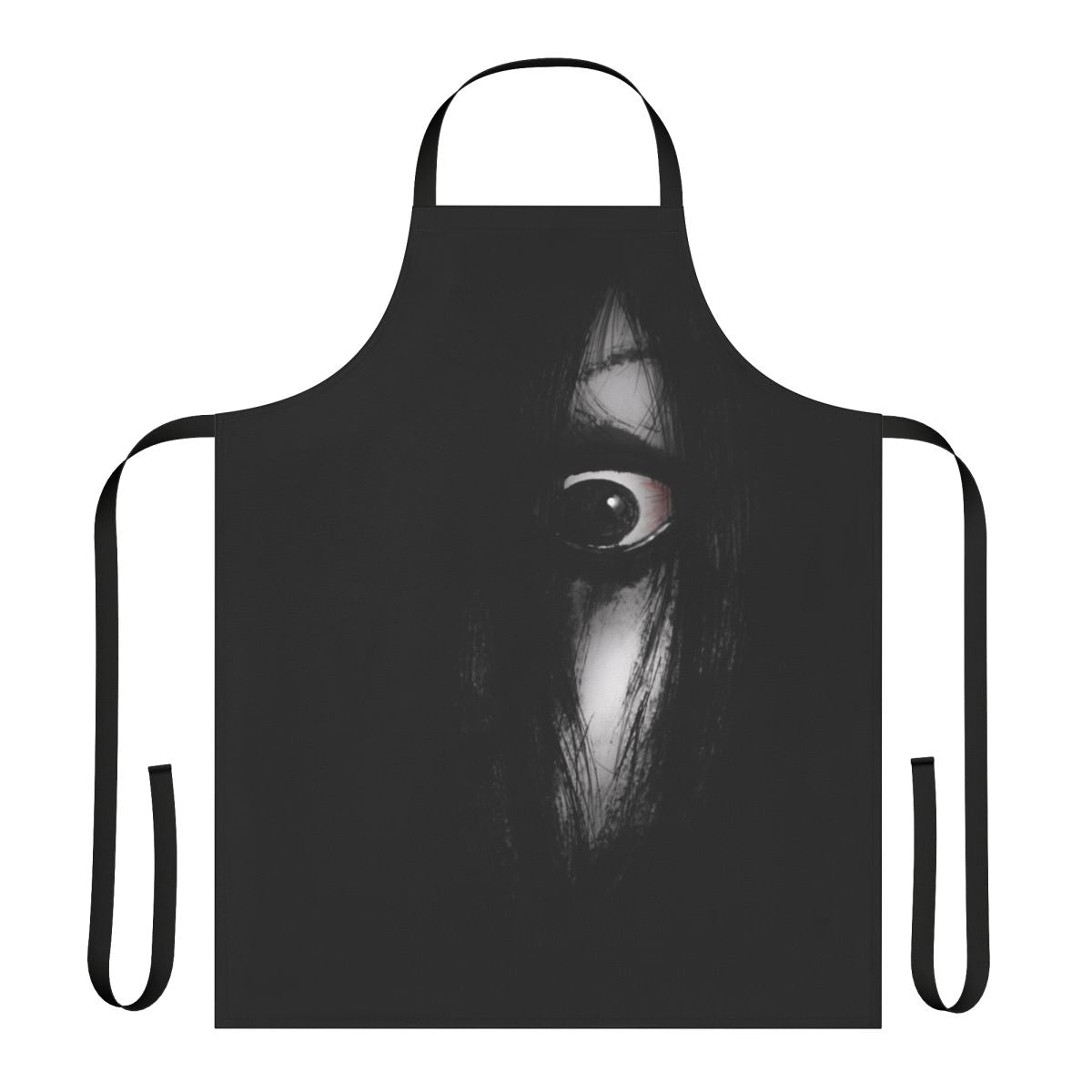 A black apron featuring a creepy sketch design inspired by the Japanese horror movie "The Grudge".