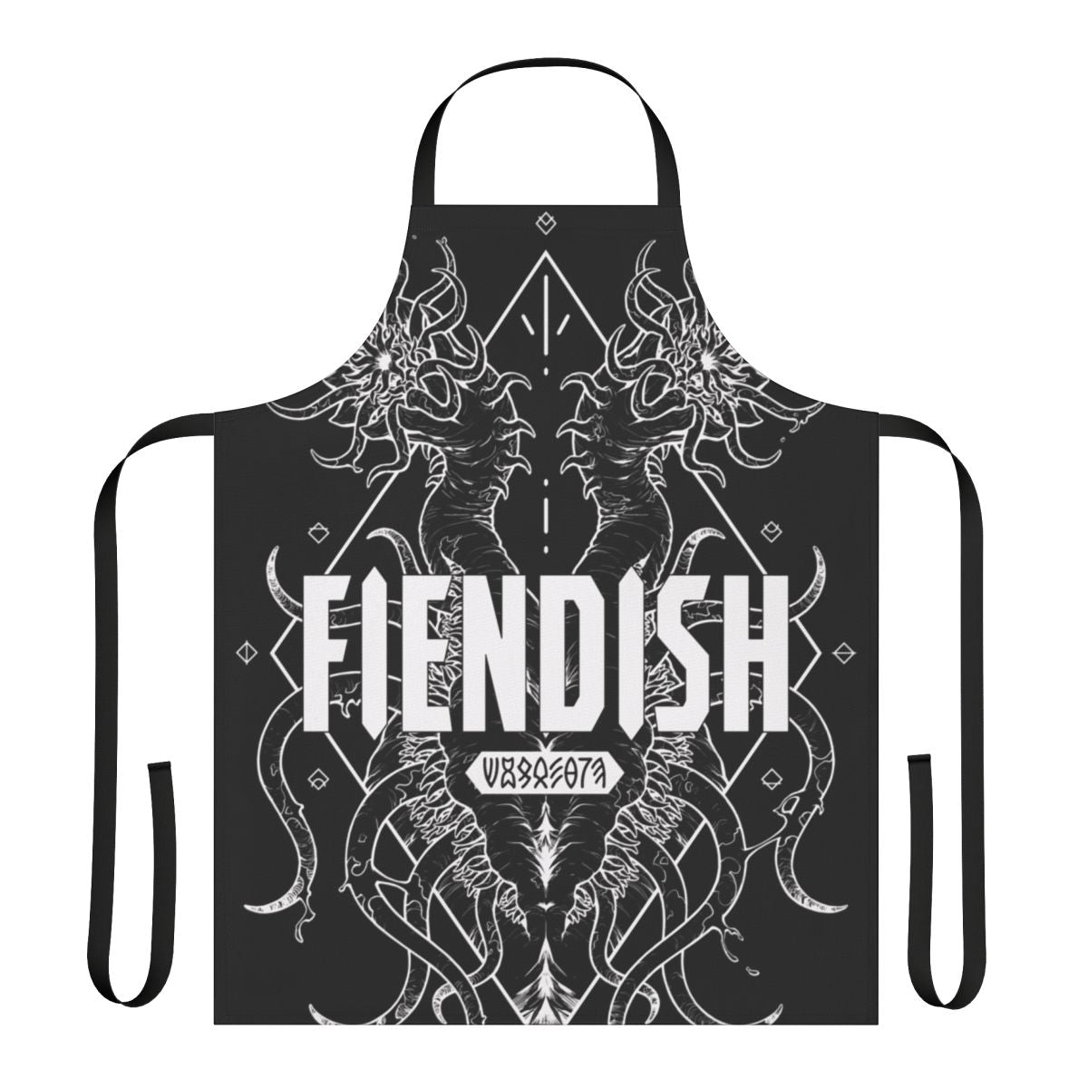 A bold and stylish apron featuring a dark, geometric horror-inspired design with tentacles and lines.
