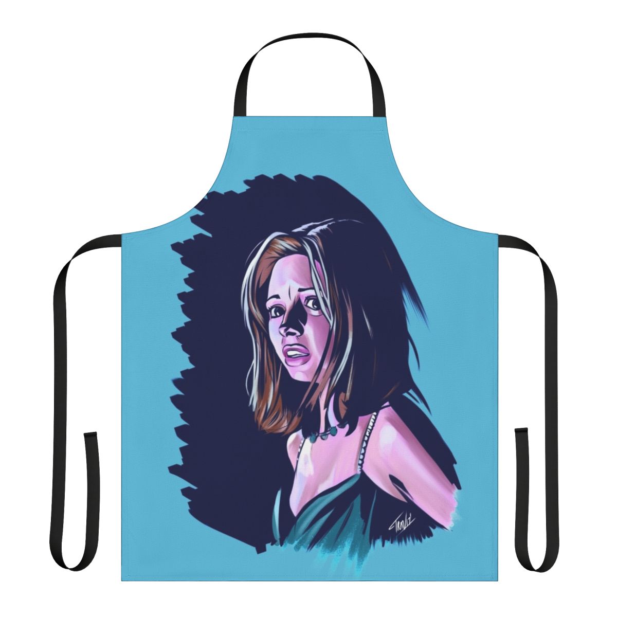 Horror movie-inspired apron featuring the iconic Helen Shivers character