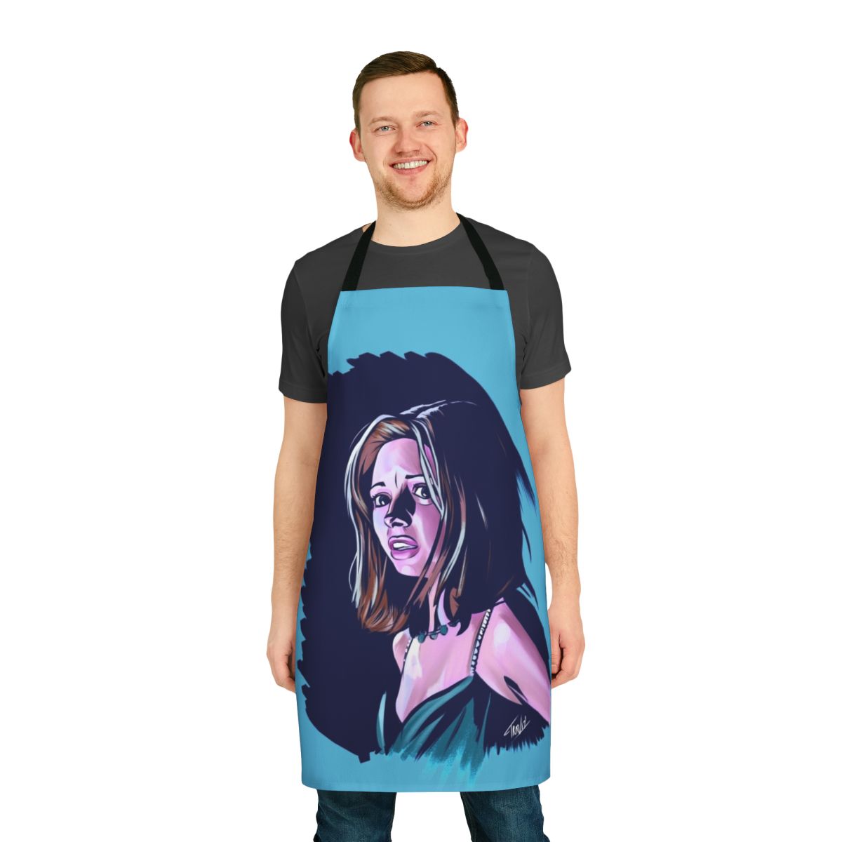 Horror movie-inspired apron featuring the iconic Helen Shivers character