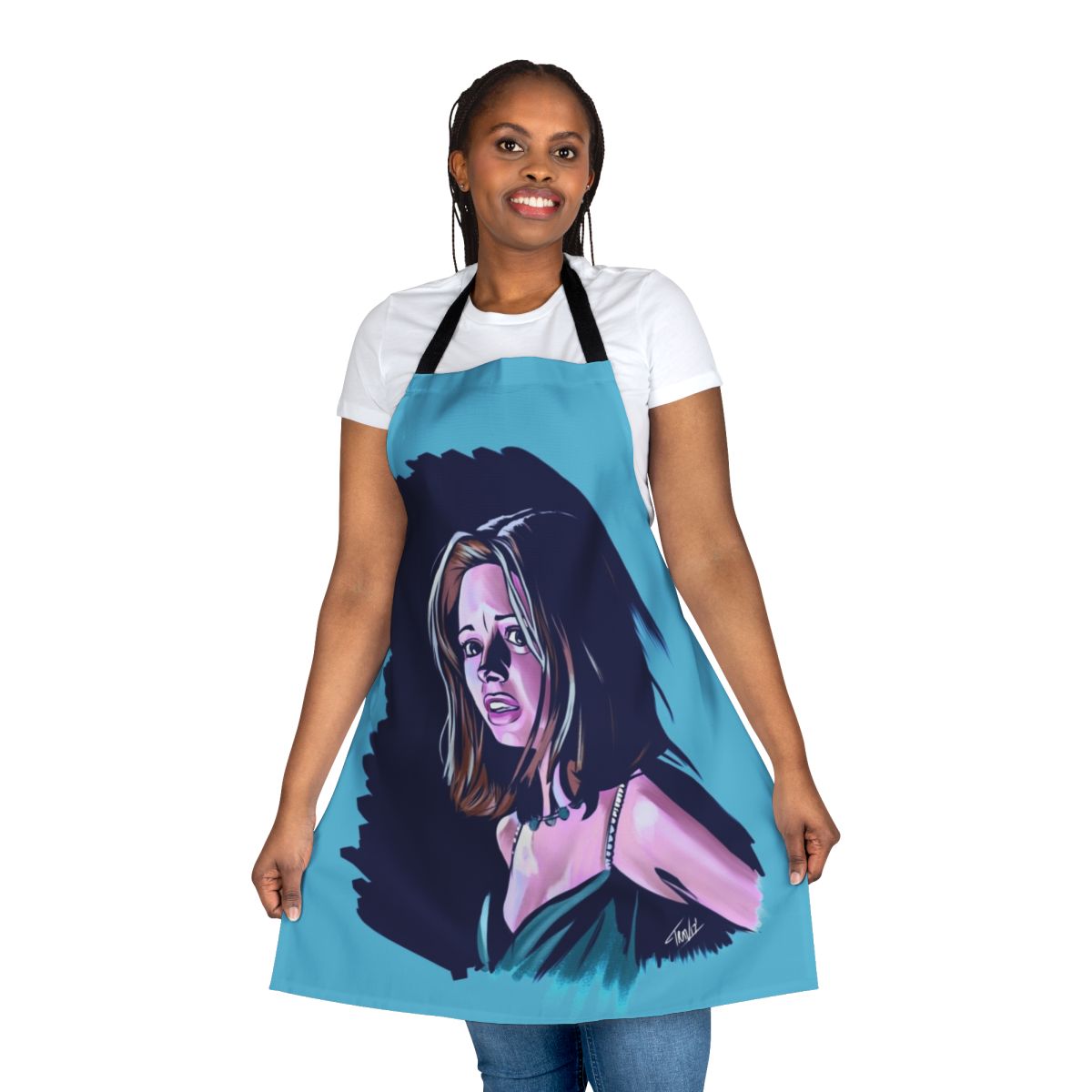 Horror movie-inspired apron featuring the iconic Helen Shivers character