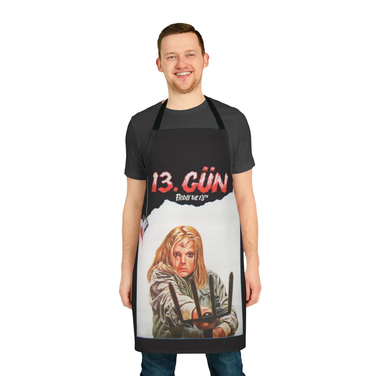 Friday the 13th-inspired kitchen apron featuring Jason Voorhees' iconic mask