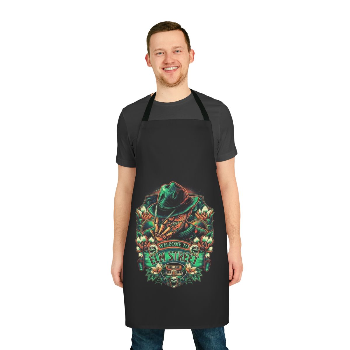 Horror movie themed kitchen apron with scary design