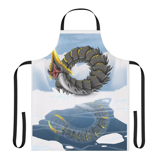 Illustration of an ice worm on a black background printed on a cooking apron